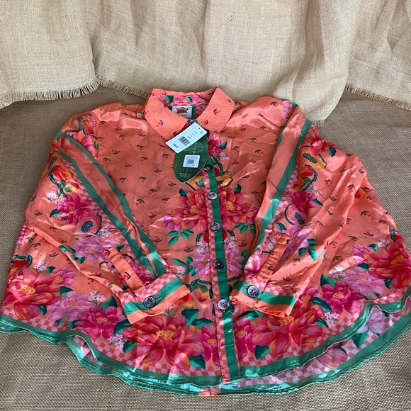 NEW Farm Rio Fruit Garden Scarf Long Sleeve Button Down Shirt women’s size XL - Picture 11 of 15